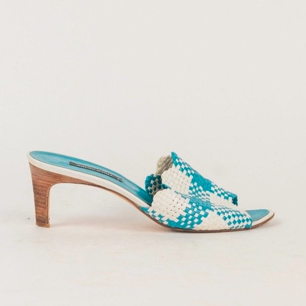 Bruno Magli White and Teal Woven-Strap Mules